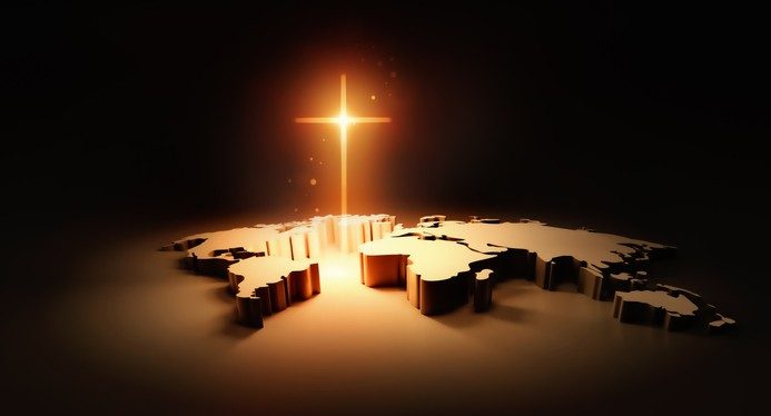 Glowing cross, gospel, missions, evangelism and world map background